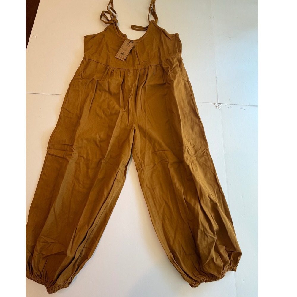 Rhea Eva Jumpsuit Mustard Yellow Cotton Tie Shoulder Bubble Hem L/XL NWT
